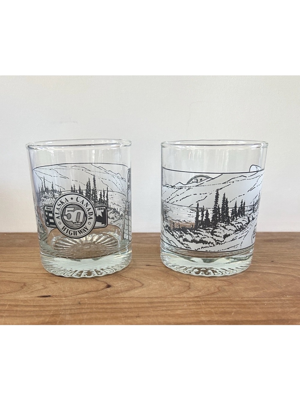 Vintage Alaska~Canada Highway 50 Year Scenic Cocktail Glasses 1942-1992